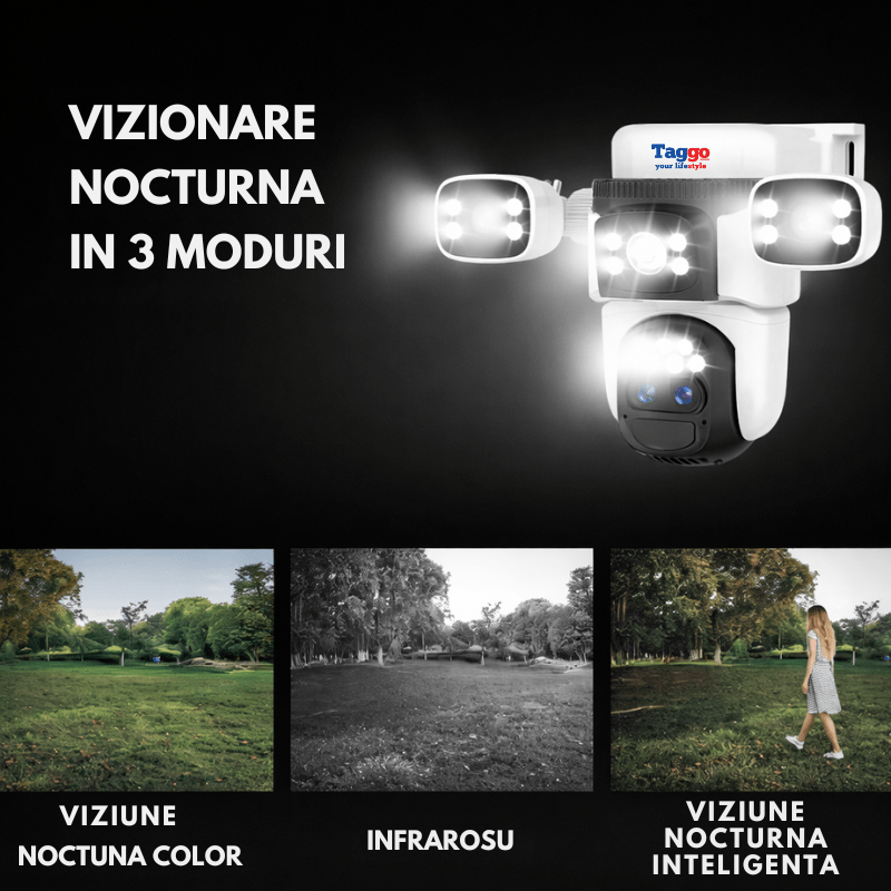 Camera de supraveghere 4G 12MP Crocodil cu panou solar, 4 lentile, zoom optic 10x, comunicare bidirectionala, senzor detectie PIR, viziune nocturna - Taggo.ro