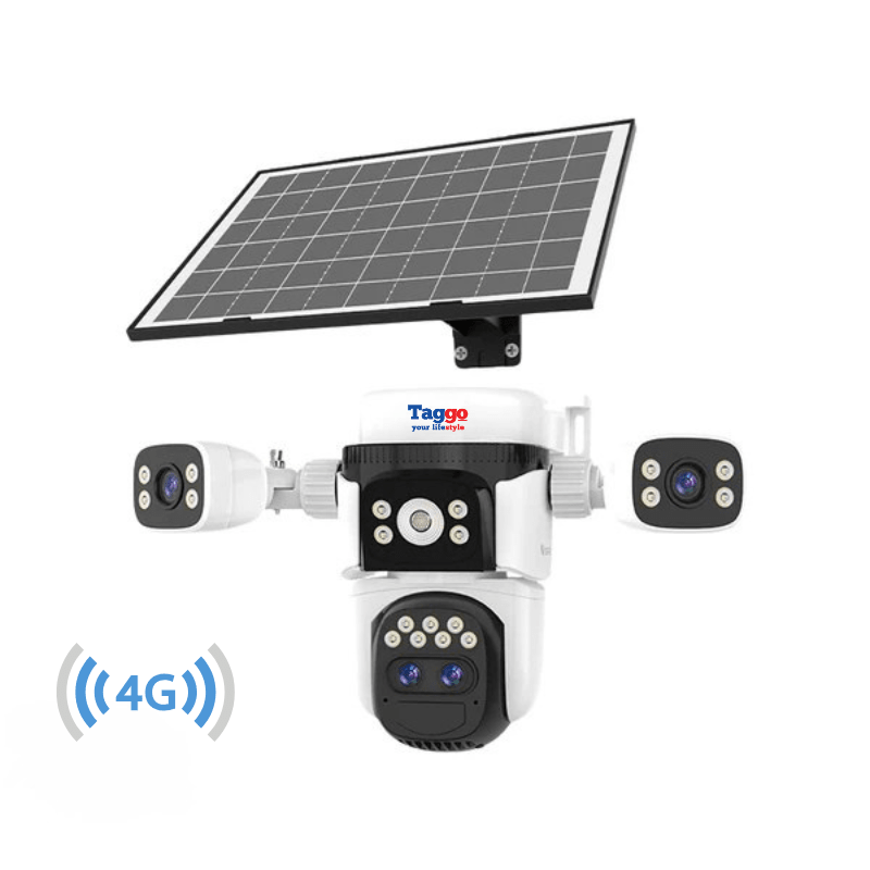 Camera de supraveghere 4G 12MP Crocodil cu panou solar, 4 lentile, zoom optic 10x, comunicare bidirectionala, senzor detectie PIR, viziune nocturna - Taggo.ro