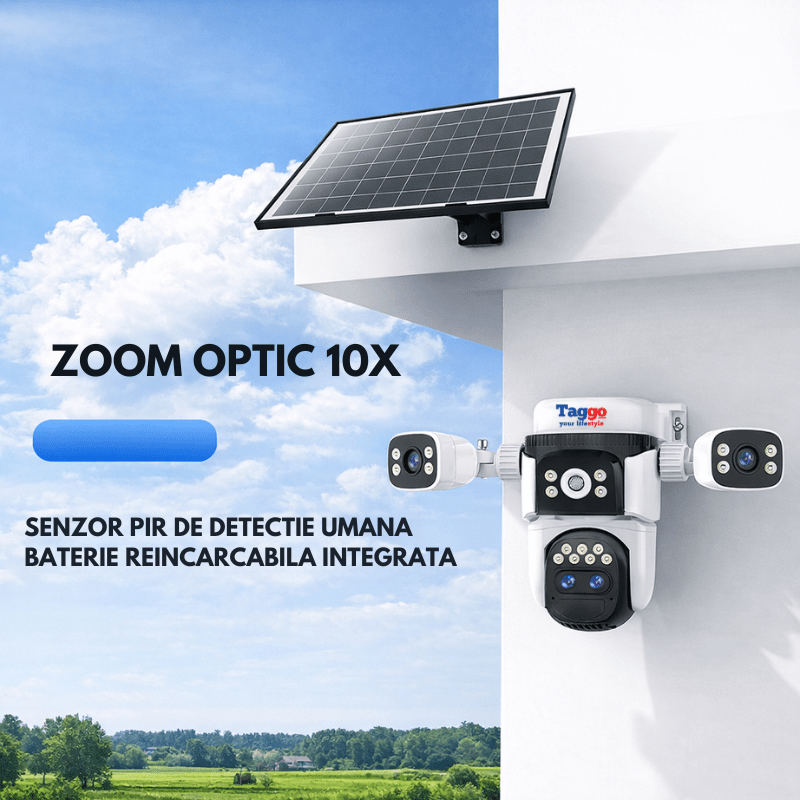 Camera de supraveghere 4G 12MP Crocodil cu panou solar, 4 lentile, zoom optic 10x, comunicare bidirectionala, senzor detectie PIR, viziune nocturna - Taggo.ro