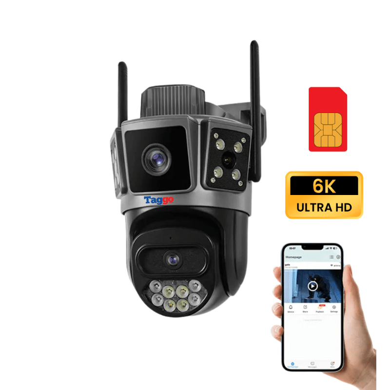 Camera de supraveghere 4G Cartela SIM 6K, 10MP, 3 ecrane, Urmarire automata, Control din aplicatie, Rezistenta la apa , Full Color - Taggo.ro