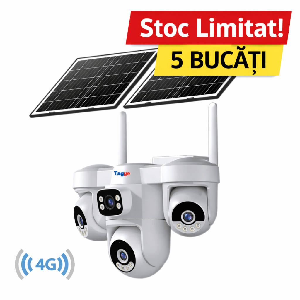 Camera de supraveghere 4G cu dublu panou solar, 12MP, 4 lentile, functie AOV, comunicare bidirectionala, detectie umana AI - Taggo.ro