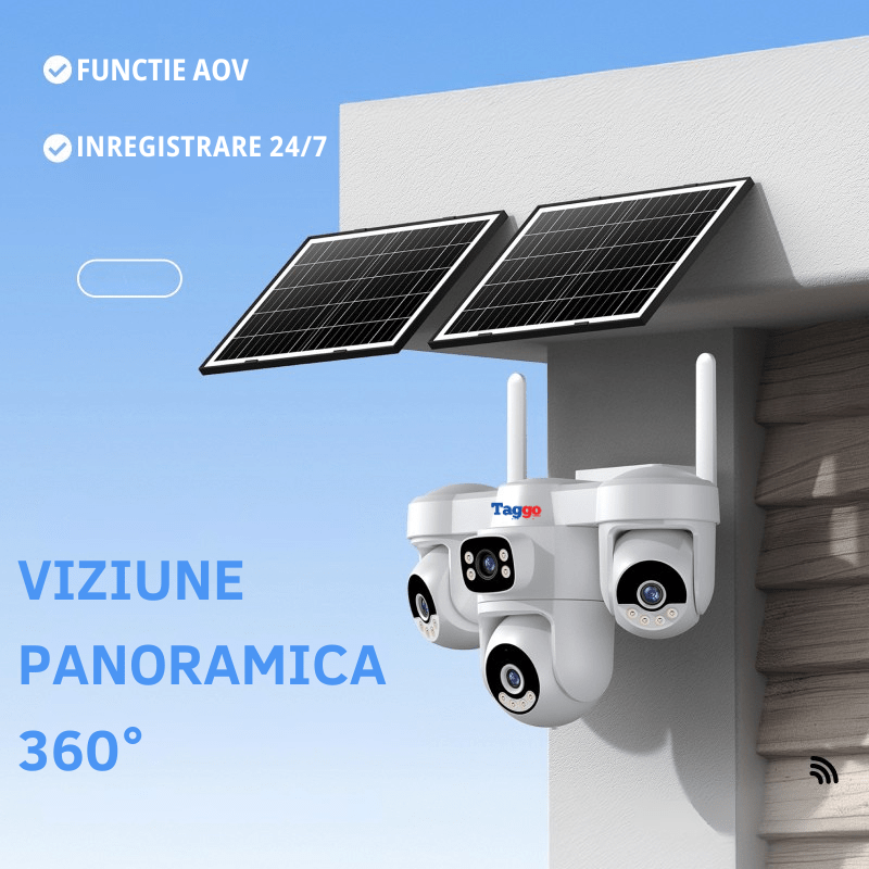 Camera de supraveghere 4G cu dublu panou solar, 12MP, 4 lentile, functie AOV, comunicare bidirectionala, detectie umana AI - Taggo.ro