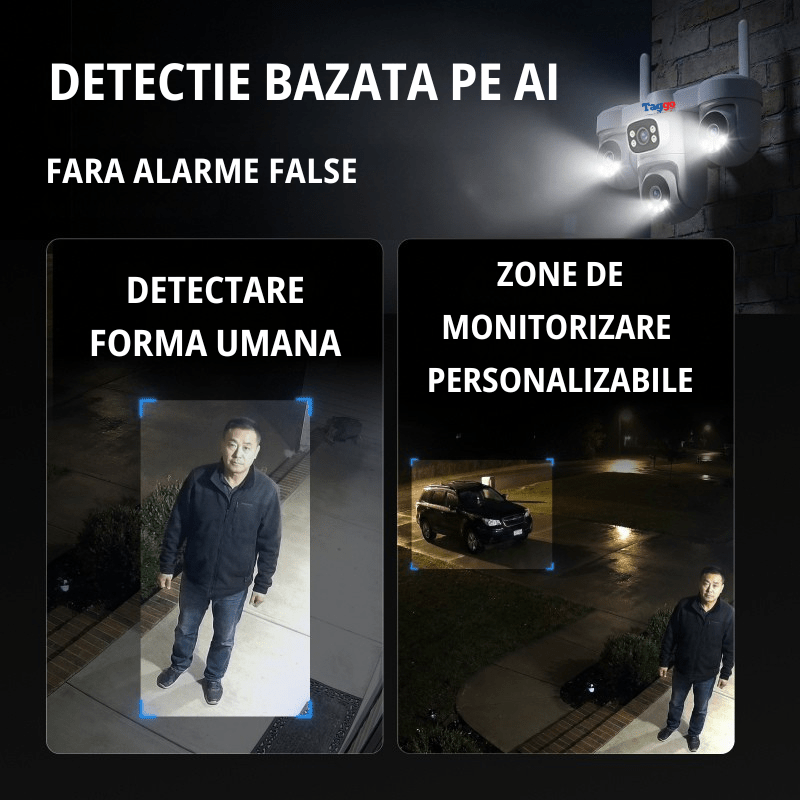 Camera de supraveghere 4G cu dublu panou solar, 12MP, 4 lentile, functie AOV, comunicare bidirectionala, detectie umana AI - Taggo.ro