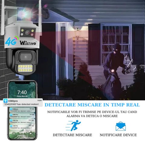 Camera de supraveghere 8MP, 2 lentile, 4G Cartela SIM 4K, Control din aplicatie, Urmarire automata, Rezistenta la apa IP66 - Taggo.ro