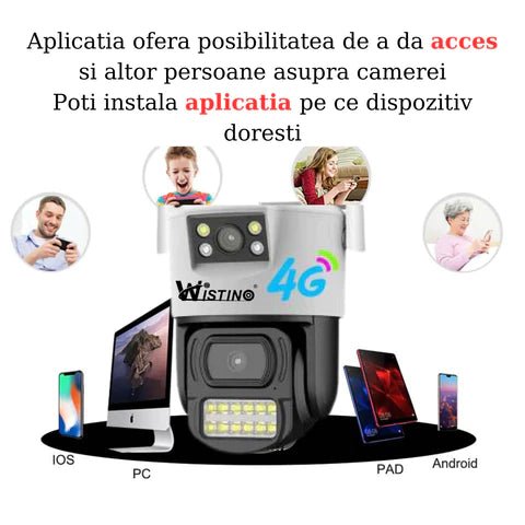 Camera de supraveghere 8MP, 2 lentile, 4G Cartela SIM 4K, Control din aplicatie, Urmarire automata, Rezistenta la apa IP66 - Taggo.ro