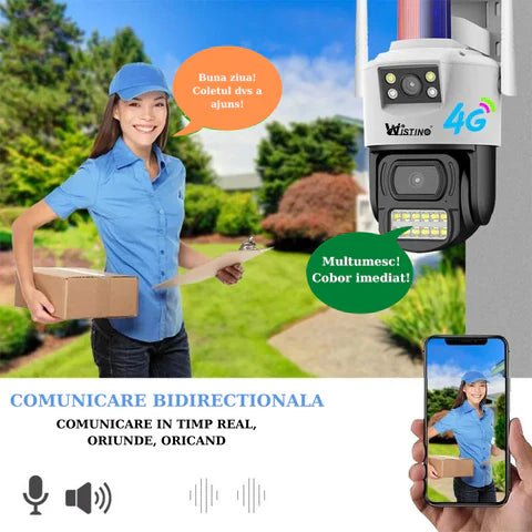 Camera de supraveghere 8MP, 2 lentile, 4G Cartela SIM 4K, Control din aplicatie, Urmarire automata, Rezistenta la apa IP66 - Taggo.ro