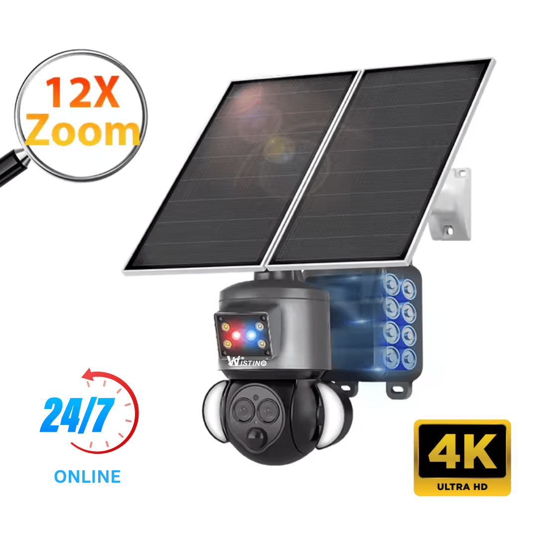 Camera de Supraveghere Cu Incarcare Solara WIFI Panou 20W, 4K, ZOOM 12X, FullHD, Rain Charging, Rotire Din Aplicatie, Rezistenta La Apa IP 66 - Taggo.ro