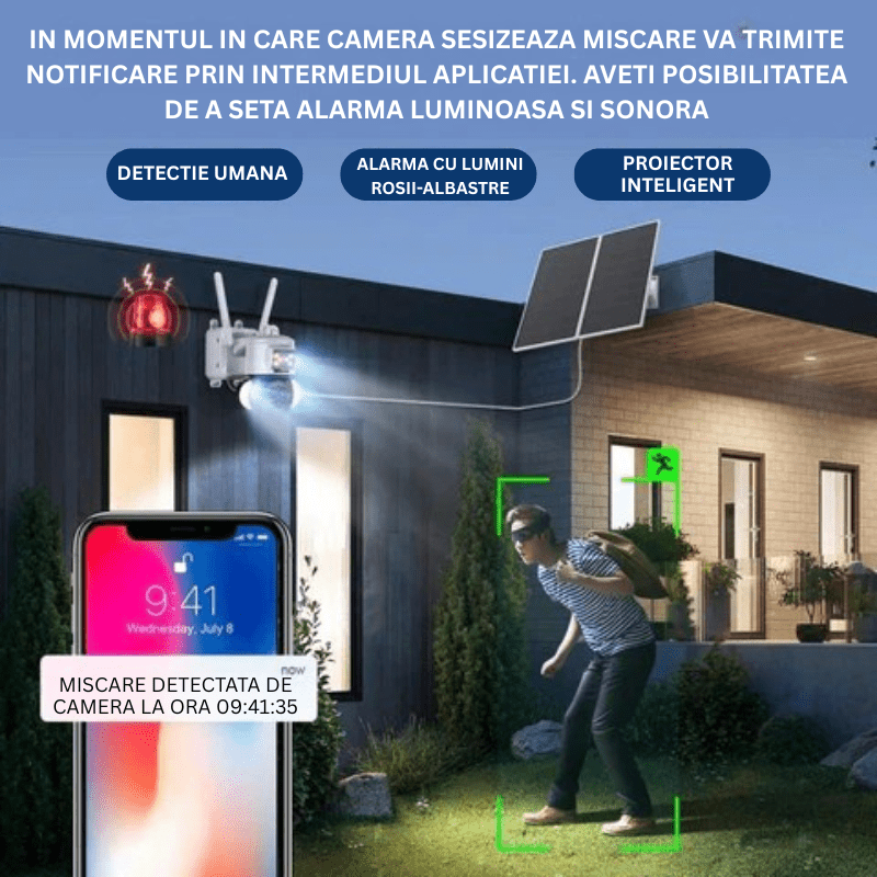 Camera de Supraveghere Cu Incarcare Solara WIFI Panou 20W, 4K, ZOOM 12X, FullHD, Rain Charging, Rotire Din Aplicatie, Rezistenta La Apa IP 66 - Taggo.ro