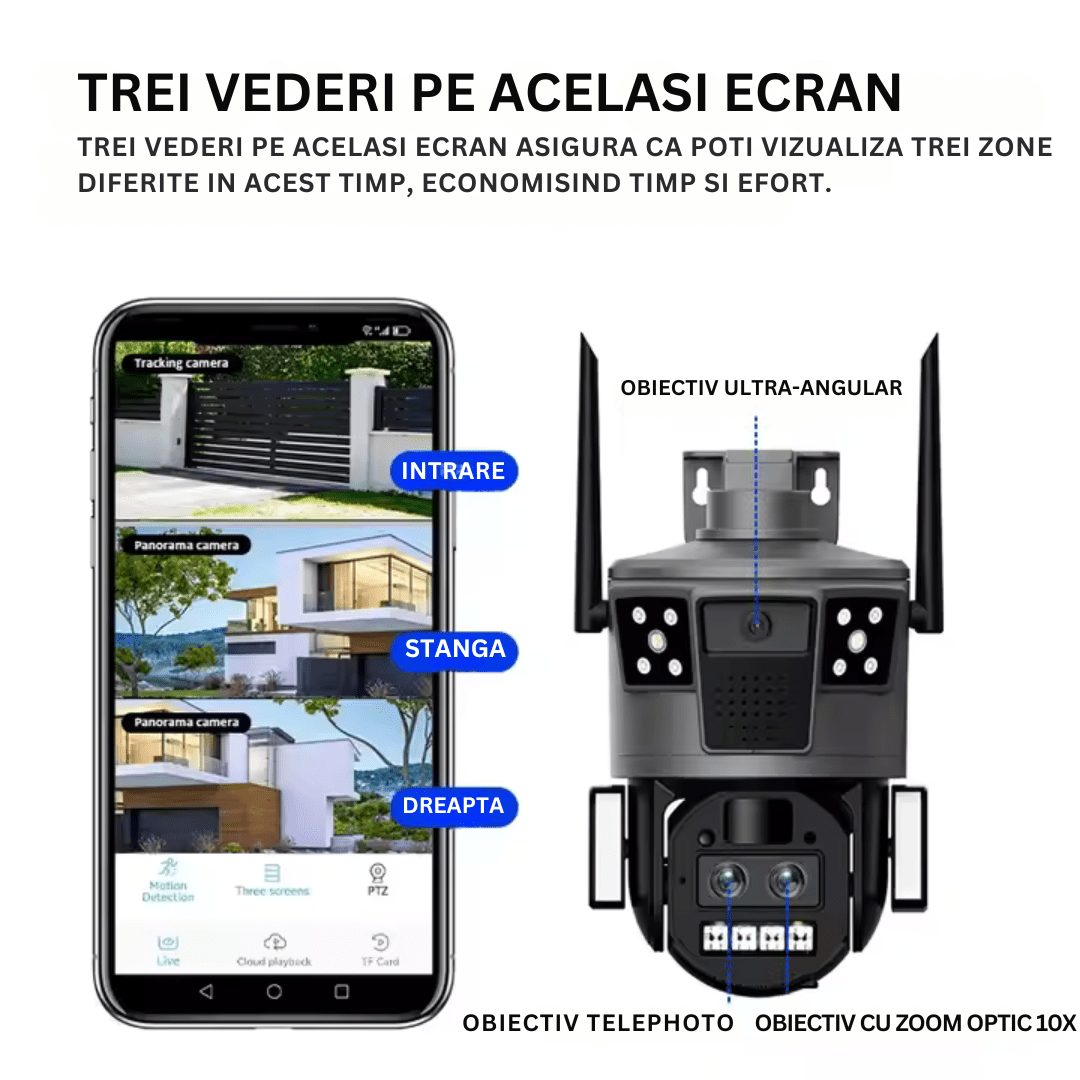 Camera de Supraveghere Solara 4G Cartela SIM 4K , Zoom 10X, Panou Solar 14W, Rezistenta La Apa IP 66 - Taggo.ro