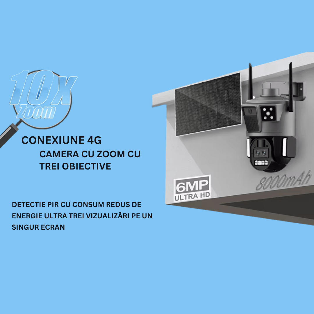 Camera de Supraveghere Solara 4G Cartela SIM 4K , Zoom 10X, Panou Solar 14W, Rezistenta La Apa IP 66 - Taggo.ro
