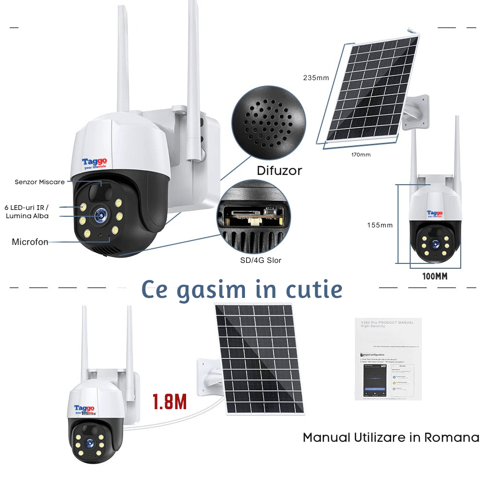 Camera de supraveghere solară exterior Taggo, 5 MP, zoom 10x, Full HD, panou solar, rezistent la apă IP66, cu cartele și stocare 64GB.