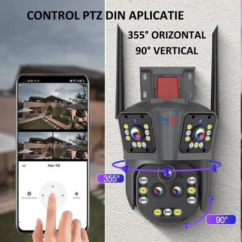 Camera de supraveghere WIFI 10K, 20MP, Zoom 20X, 5 lentile, Control din aplicatie, Comunicare bidirectionala, Urmarire automata - Taggo.ro