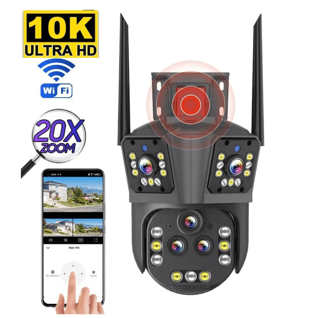 Camera de supraveghere WIFI 10K, 20MP, Zoom 20X, 5 lentile, Control din aplicatie, Comunicare bidirectionala, Urmarire automata - Taggo.ro