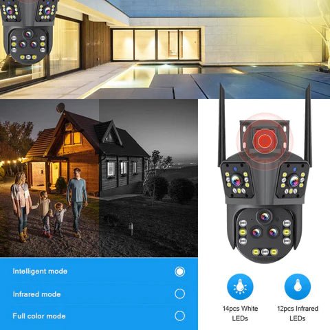 Camera de supraveghere WIFI 10K, 20MP, Zoom 20X, 5 lentile, Control din aplicatie, Comunicare bidirectionala, Urmarire automata - Taggo.ro