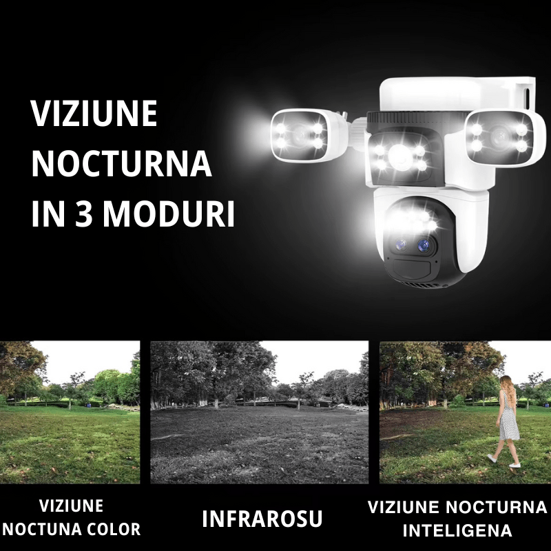 Camera de supraveghere WIFI 12MP Crocodil cu panou solar, 4 lentile, zoom 10x, comunicare bidirectionala, senzor detectie PIR, viziune nocturna - Taggo.ro