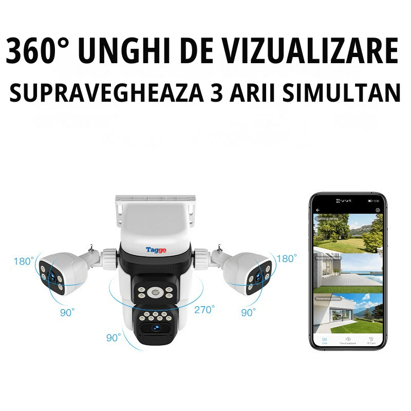 Camera de supraveghere WIFI 12MP Crocodil cu panou solar, 4 lentile, zoom 10x, comunicare bidirectionala, senzor detectie PIR, viziune nocturna - Taggo.ro