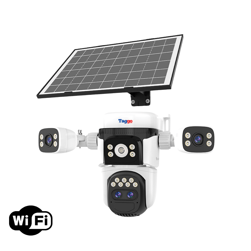 Camera de supraveghere WIFI 12MP Crocodil cu panou solar, 4 lentile, zoom 10x, comunicare bidirectionala, senzor detectie PIR, viziune nocturna - Taggo.ro