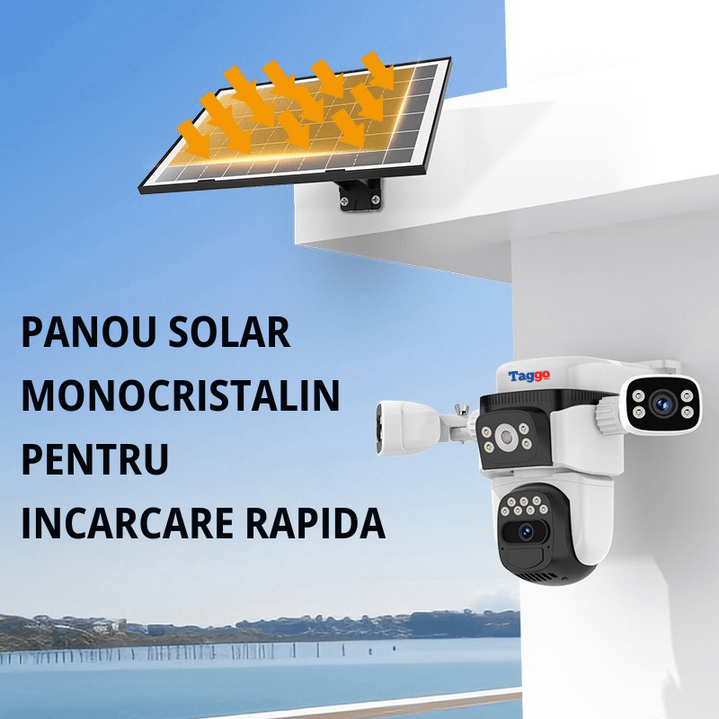 Camera de supraveghere WIFI 12MP Crocodil cu panou solar, 4 lentile, zoom 10x, comunicare bidirectionala, senzor detectie PIR, viziune nocturna - Taggo.ro