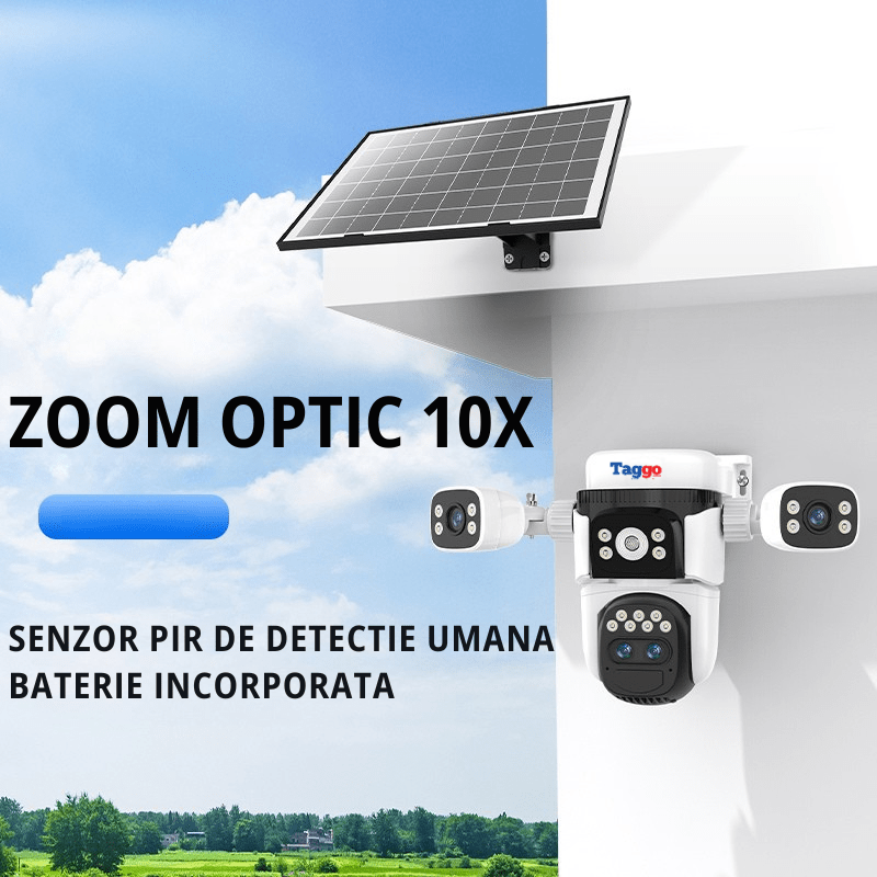 Camera de supraveghere WIFI 12MP Crocodil cu panou solar, 4 lentile, zoom 10x, comunicare bidirectionala, senzor detectie PIR, viziune nocturna - Taggo.ro