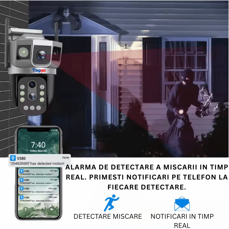 Camera de Supraveghere WIFI, 3 lentile, 6K 12MP, Zoom 10x optic, Notificari, Control din Aplicatie, Urmarire Automata - Taggo.ro