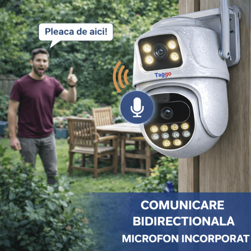 Camera de supraveghere WIFI 4K, 2 lentile, Control din aplicatie, Urmarire automata, Rezistenta la apa IP66 - Taggo.ro