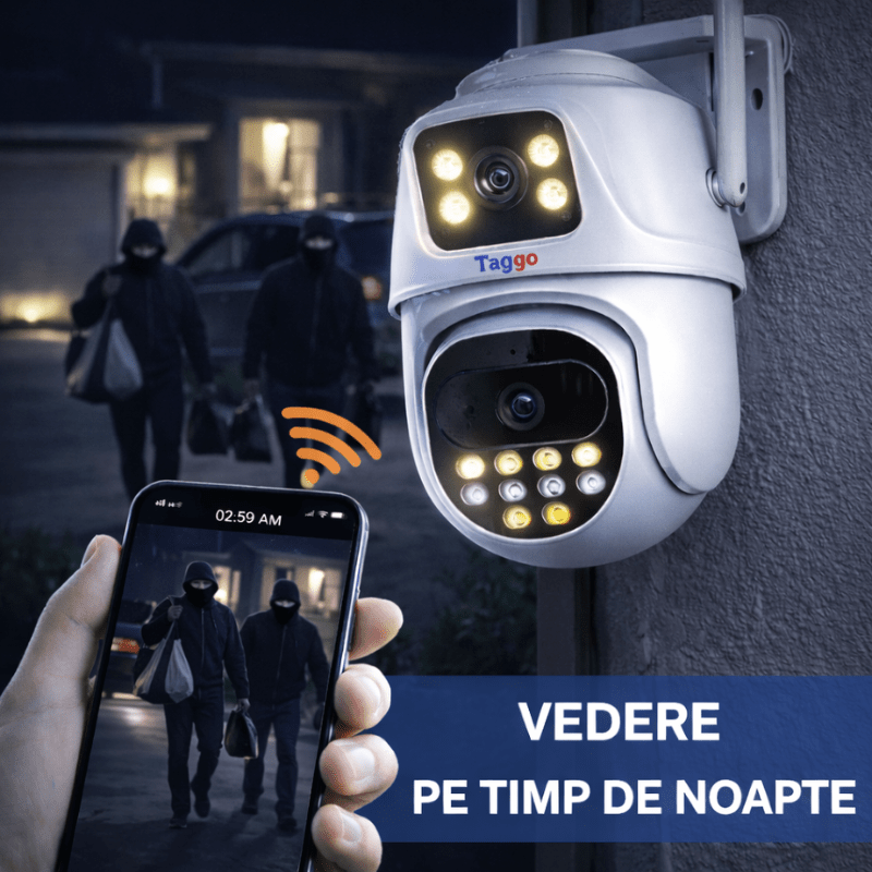 Camera de supraveghere WIFI 4K, 2 lentile, Control din aplicatie, Urmarire automata, Rezistenta la apa IP66 - Taggo.ro