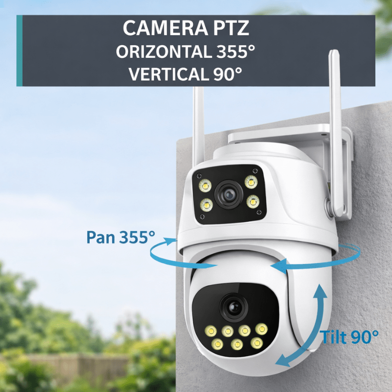 Camera de supraveghere WIFI 4K, 2 lentile, Control din aplicatie, Urmarire automata, Rezistenta la apa IP66 - Taggo.ro