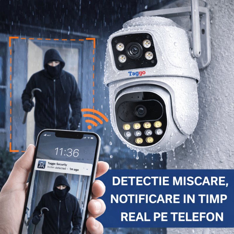 Camera de supraveghere WIFI 4K, 2 lentile, Control din aplicatie, Urmarire automata, Rezistenta la apa IP66 - Taggo.ro