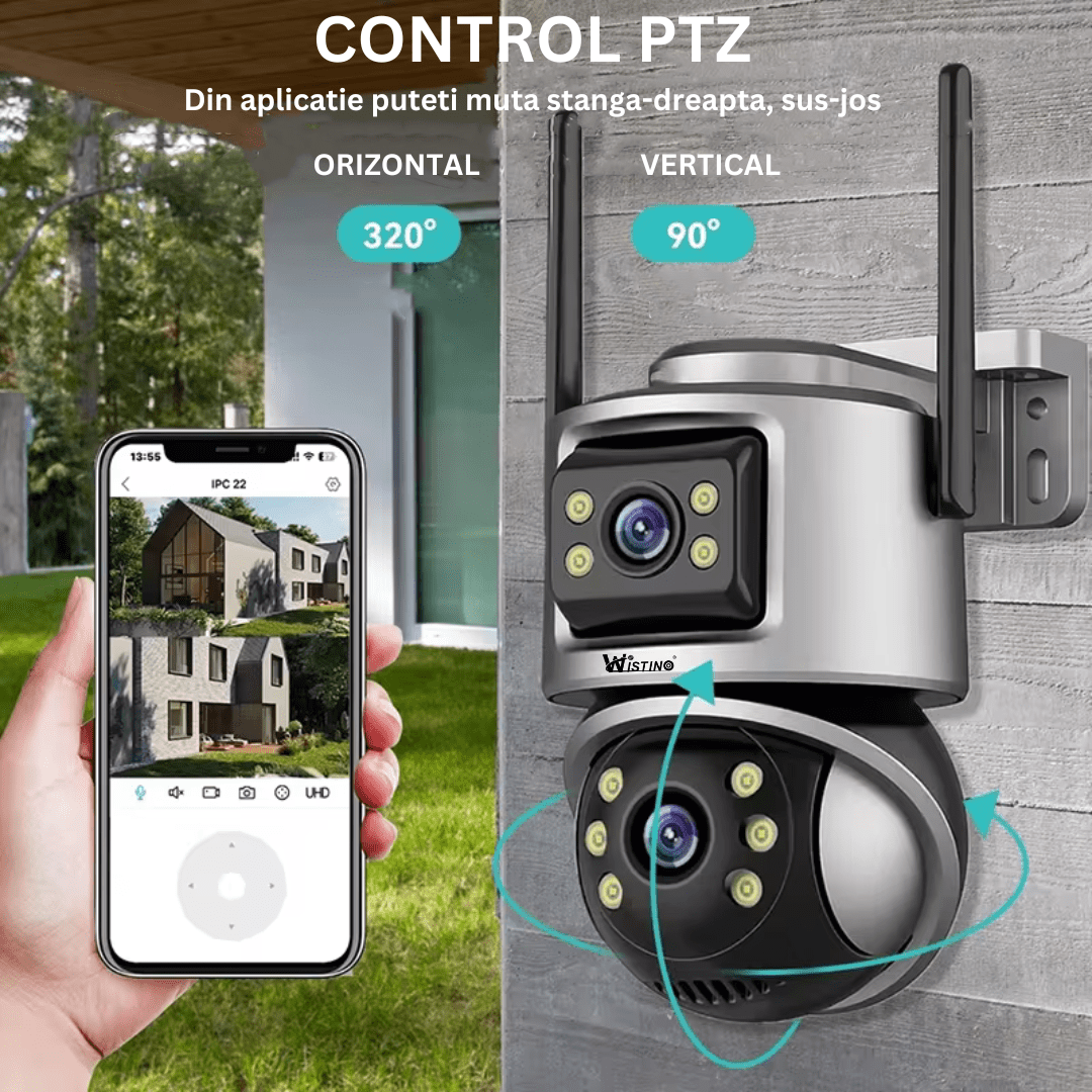 Camera de supraveghere WIFI 4K, 8MP, 2 lentile, Control din aplicatie, Urmarire automata, Rezistenta la apa IP66 - Taggo.ro