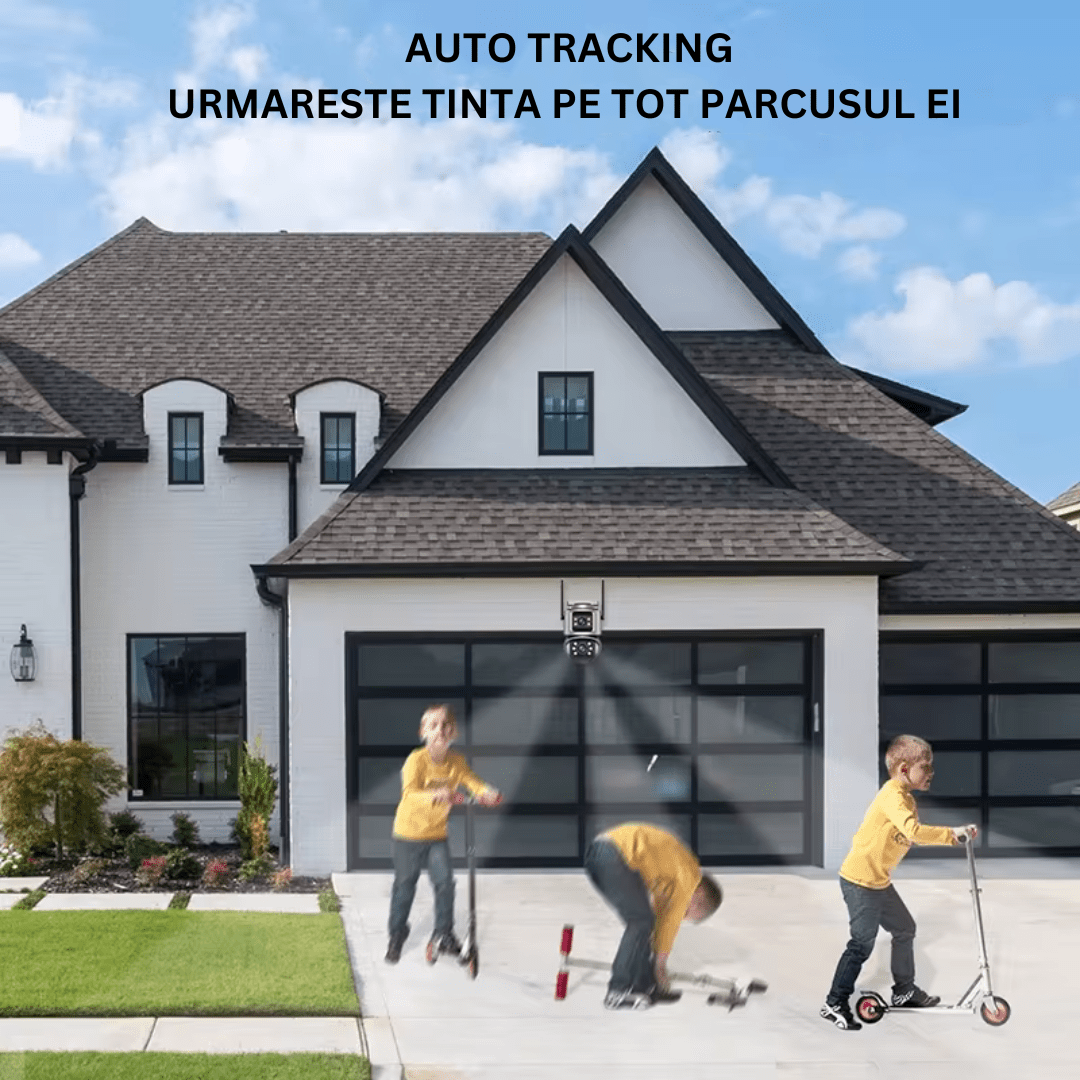 Camera de supraveghere WIFI 4K, 8MP, 2 lentile, Control din aplicatie, Urmarire automata, Rezistenta la apa IP66 - Taggo.ro