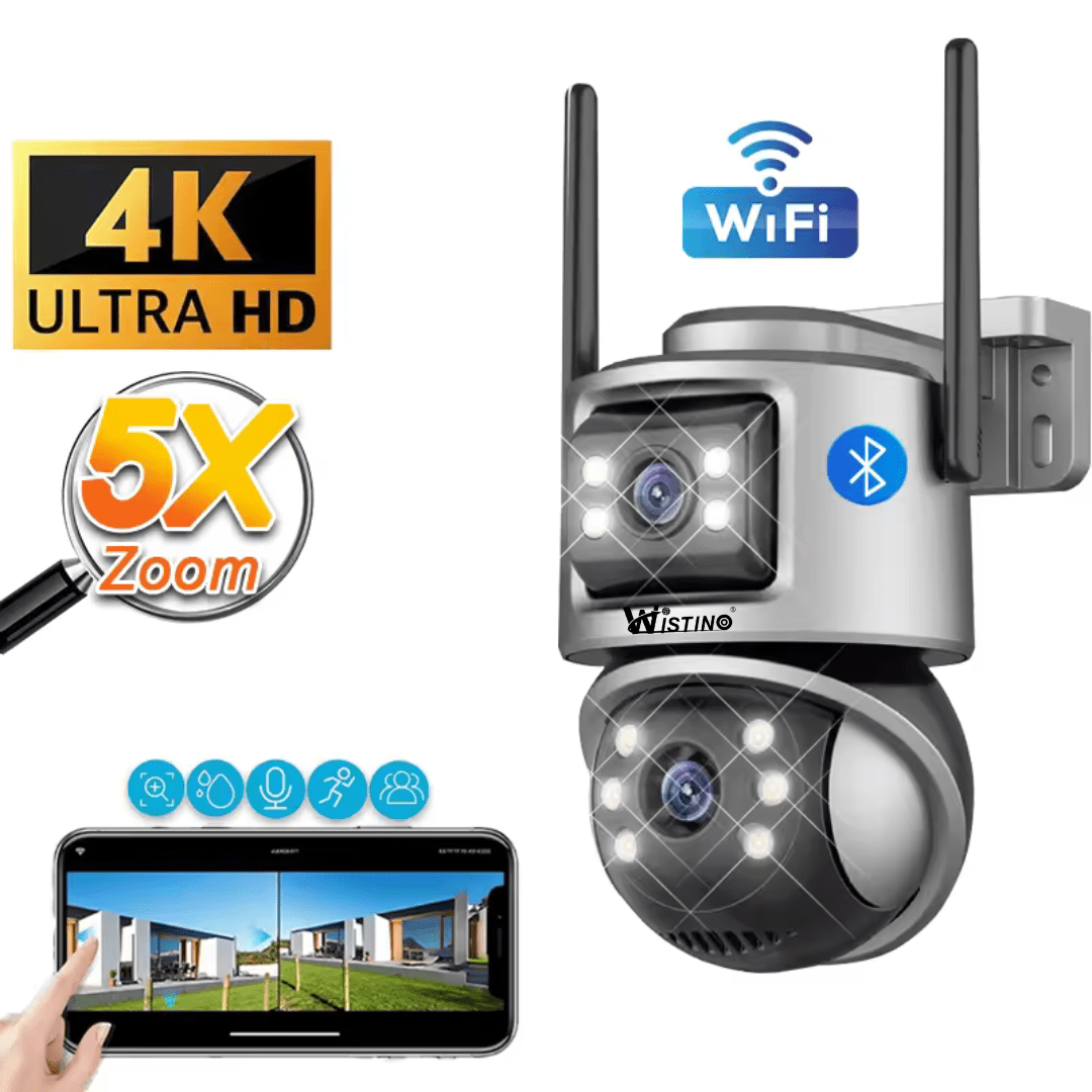 Camera de supraveghere WIFI 4K, 8MP, 2 lentile, Control din aplicatie, Urmarire automata, Rezistenta la apa IP66