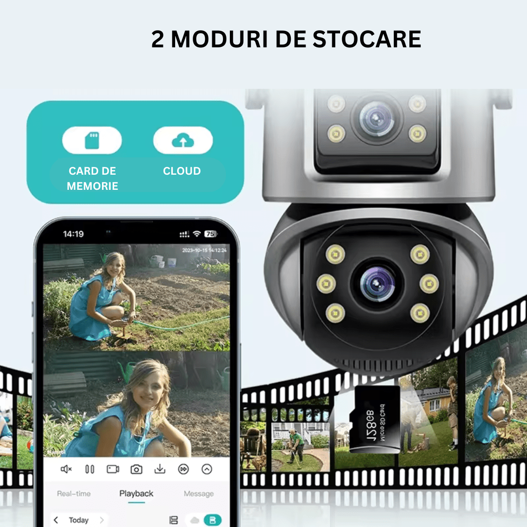 Camera de supraveghere WIFI 4K, 8MP, 2 lentile, Control din aplicatie, Urmarire automata, Rezistenta la apa IP66 - Taggo.ro