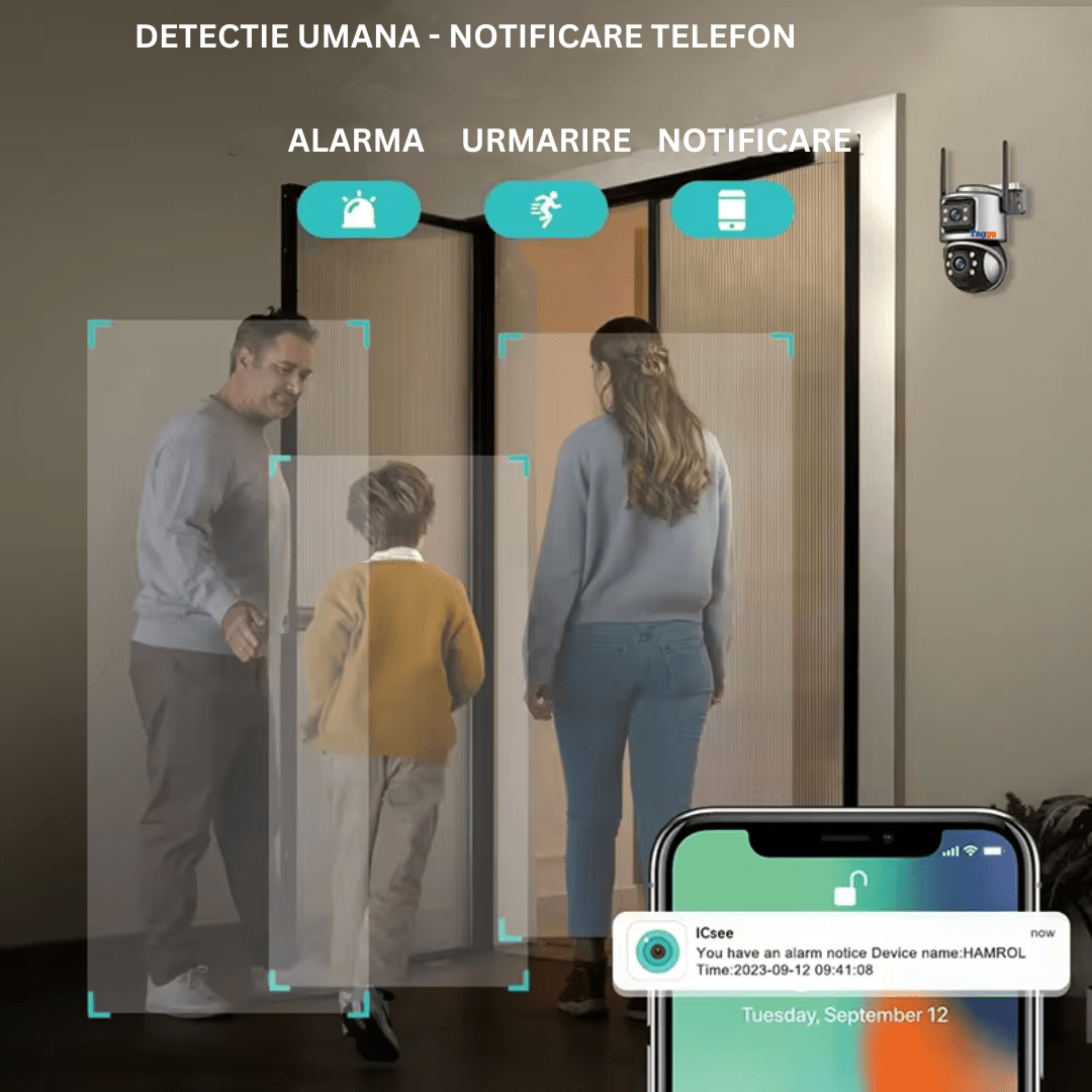 Camera de supraveghere WIFI 4K, 8MP, 2 lentile, Control din aplicatie, Urmarire automata, Rezistenta la apa IP66 - Taggo.ro