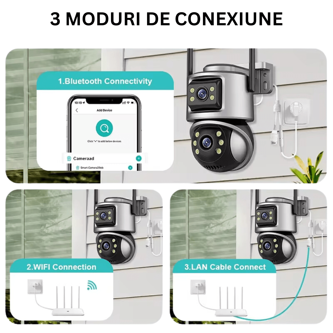 Camera de supraveghere WIFI 4K, 8MP, 2 lentile, Control din aplicatie, Urmarire automata, Rezistenta la apa IP66 - Taggo.ro