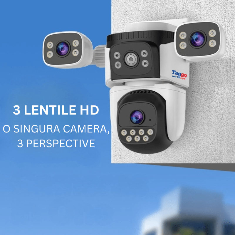 Camera de supraveghere WIFI 4K, 9MP, 3 lentile, Control din aplicatie, Comunicare bidirectionala, Urmarire automata, IP66 - Taggo.ro