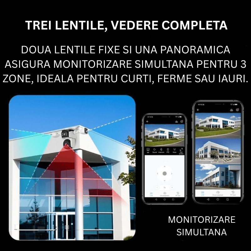 Camera de supraveghere WIFI 4K, 9MP, 3 lentile, Control din aplicatie, Comunicare bidirectionala, Urmarire automata, IP66 - Taggo.ro