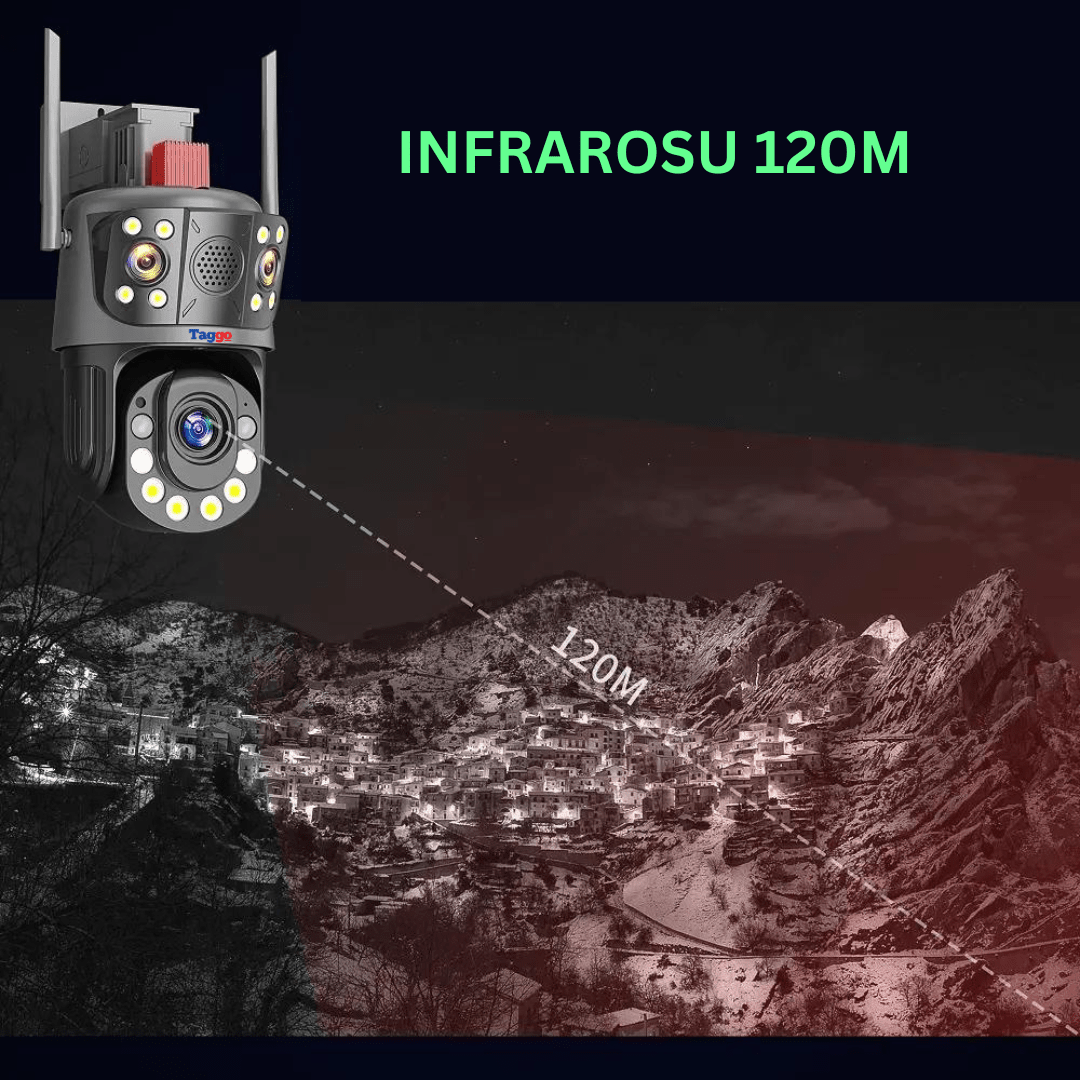 Camera de supraveghere WIFI 4K, Zoom 100X, 3 lentile, Control din aplicatie, Detectie umana, Rezistenta la apa IP66 - Taggo.ro