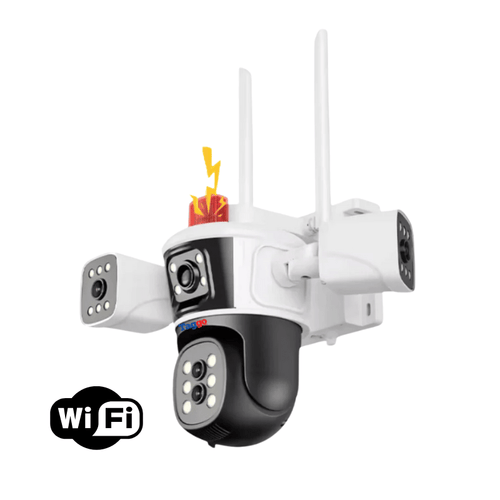 Camera de supraveghere WIFI 8K Crocodil, 16MP, Zoom 10X, 4 lentile, Control din aplicatie, Comunicare bidirectionala, Urmarire automata, Multi lens