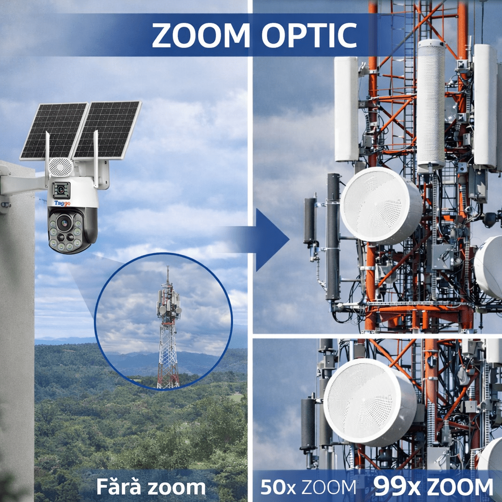 Camera de Supravghere cu Dublu Panou Solar, Rezolutie 4k, Zoom 99X, Conexiune 4G, Inregistrare Continua AVO, Comunicare Bidirectionala, Control din Aplicatie, Vizualizare Nocturna Ful Colo si IR, Protectie IP66 - Taggo.ro
