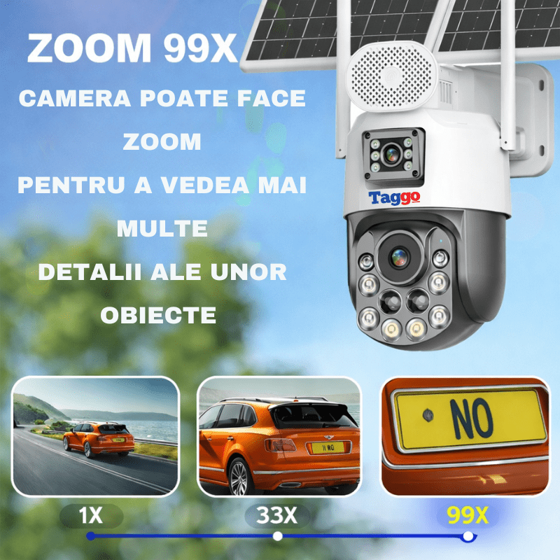 Camera de Supravghere cu Dublu Panou Solar, Rezolutie 4k, Zoom 99X, Conexiune 4G, Inregistrare Continua AVO, Comunicare Bidirectionala, Control din Aplicatie, Vizualizare Nocturna Ful Colo si IR, Protectie IP66 - Taggo.ro