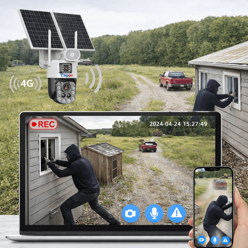 Camera de Supravghere cu Dublu Panou Solar, Rezolutie 4k, Zoom 99X, Conexiune 4G, Inregistrare Continua AVO, Comunicare Bidirectionala, Control din Aplicatie, Vizualizare Nocturna Ful Colo si IR, Protectie IP66 - Taggo.ro