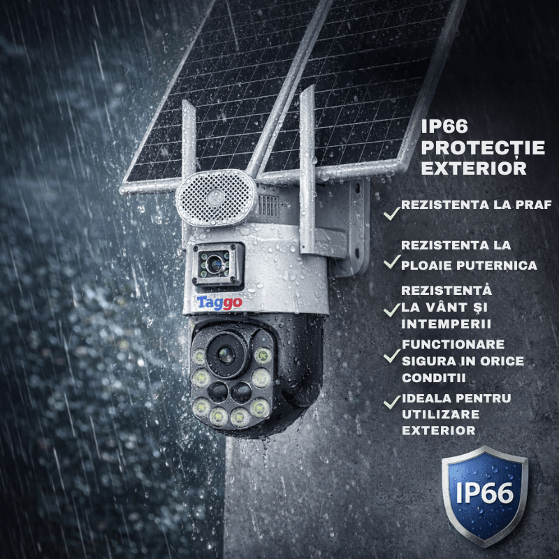 Camera de Supravghere cu Dublu Panou Solar, Rezolutie 4k, Zoom 99X, Conexiune 4G, Inregistrare Continua AVO, Comunicare Bidirectionala, Control din Aplicatie, Vizualizare Nocturna Ful Colo si IR, Protectie IP66 - Taggo.ro
