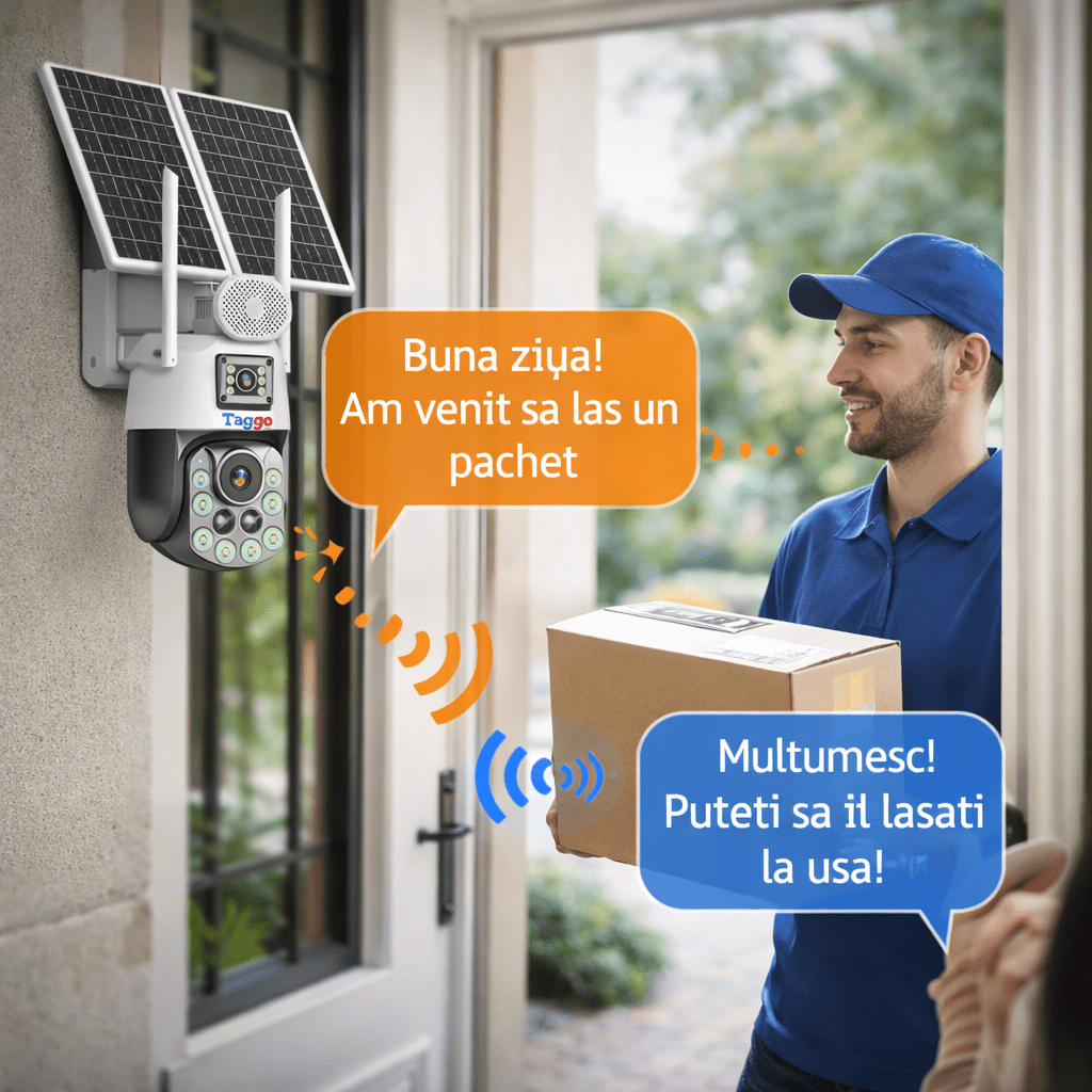 Camera de Supravghere cu Dublu Panou Solar, Rezolutie 4k, Zoom 99X, Conexiune 4G, Inregistrare Continua AVO, Comunicare Bidirectionala, Control din Aplicatie, Vizualizare Nocturna Ful Colo si IR, Protectie IP66 - Taggo.ro