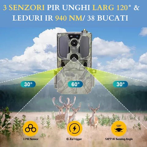 Camera de vanatoare WISTINO 4G 14 MP, rezolutie video 2.7 K, 0.4s trigger, PIR 20 m, unghi 120, 38 leduri 940nm, aplicatie telefon UCON - Taggo.ro