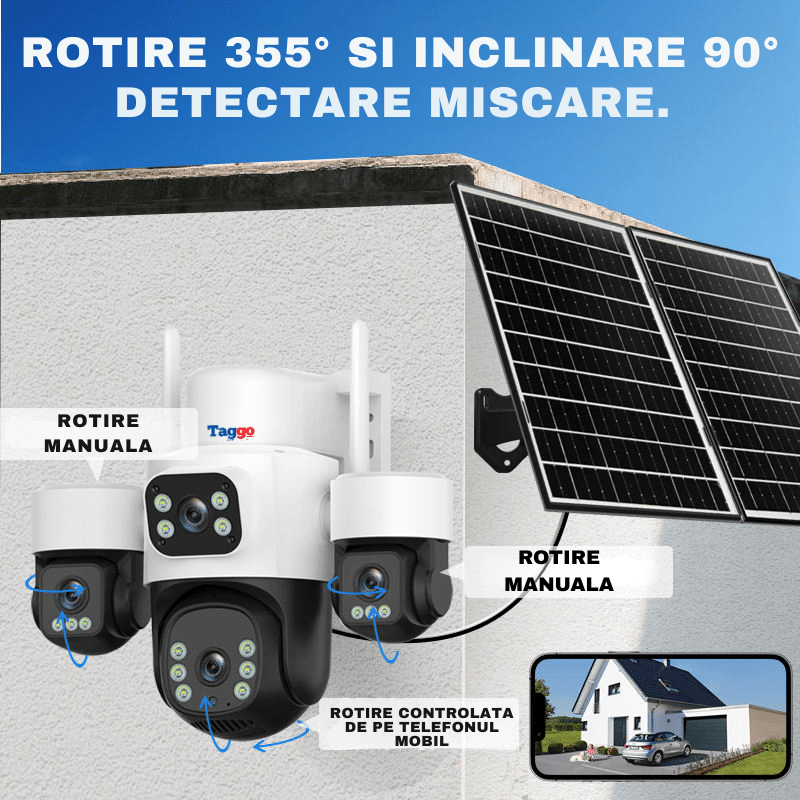 Camera Solara Cu 4 Lentile, PTZ, 4G / eSIM, 6MP cu Night Vision Full Color si Detectie Miscare - Taggo.ro