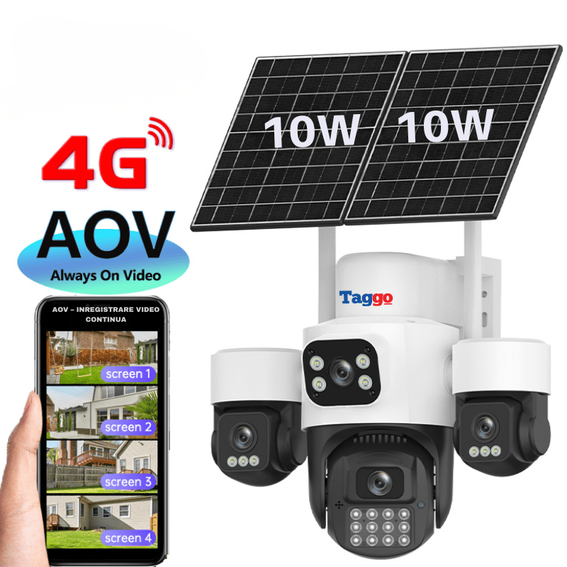 Camera Solara Cu 4 Lentile, PTZ, 4G / eSIM, 6MP cu Night Vision Full Color si Detectie Miscare - Taggo.ro