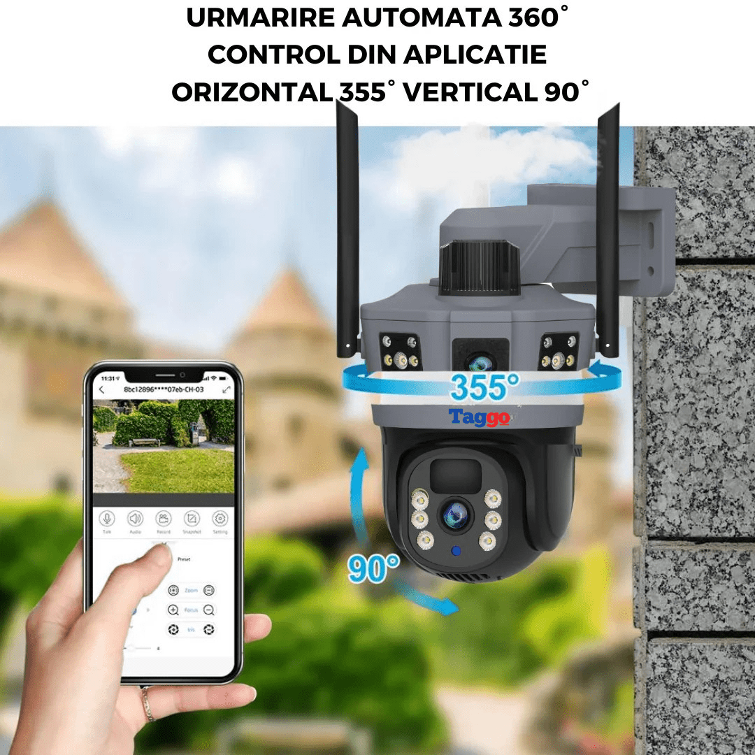 Camera Supraveghere 4G 6K Ultra HD, Dual Camera 12MP, Dubla Incarcare Solara, Rotire Din Aplicatie, Rezistenta La Apa IP 66, Card 64GB - Taggo.ro