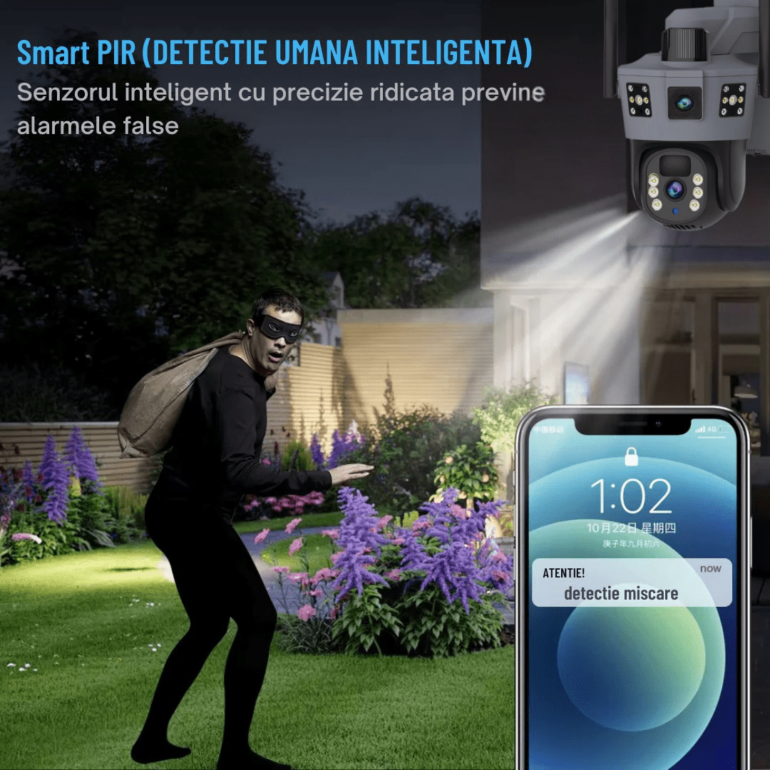 Camera Supraveghere 4G 6K Ultra HD, Dual Camera 12MP, Dubla Incarcare Solara, Rotire Din Aplicatie, Rezistenta La Apa IP 66, Card 64GB - Taggo.ro