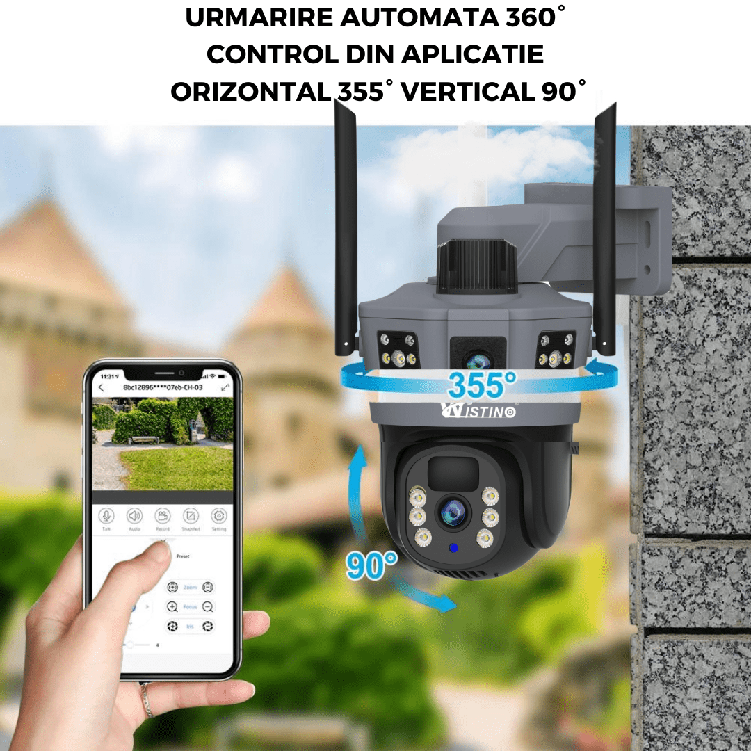 Camera Supraveghere 4G 6K Ultra HD, Dual Camera 12MP, Incarcare Solara, Rotire Din Aplicatie, Rezistenta La Apa IP 66 - Taggo.ro