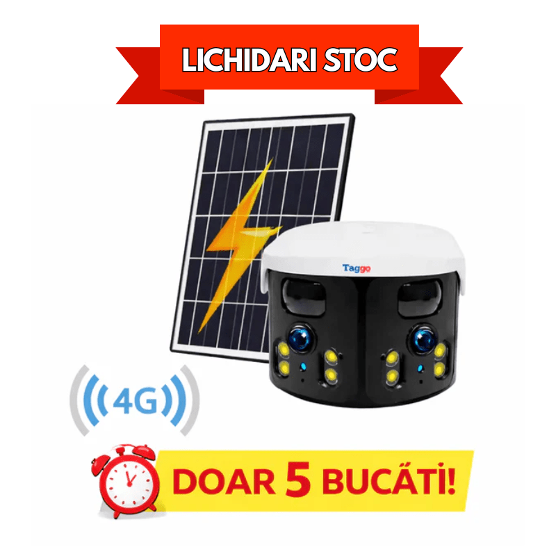 Camera Supraveghere 4G, Online 24h, 4K, 8MP, 2 Lentile, Incarcare solara, Vedere panoramica, Control din aplicatie, IP65 - Taggo.ro